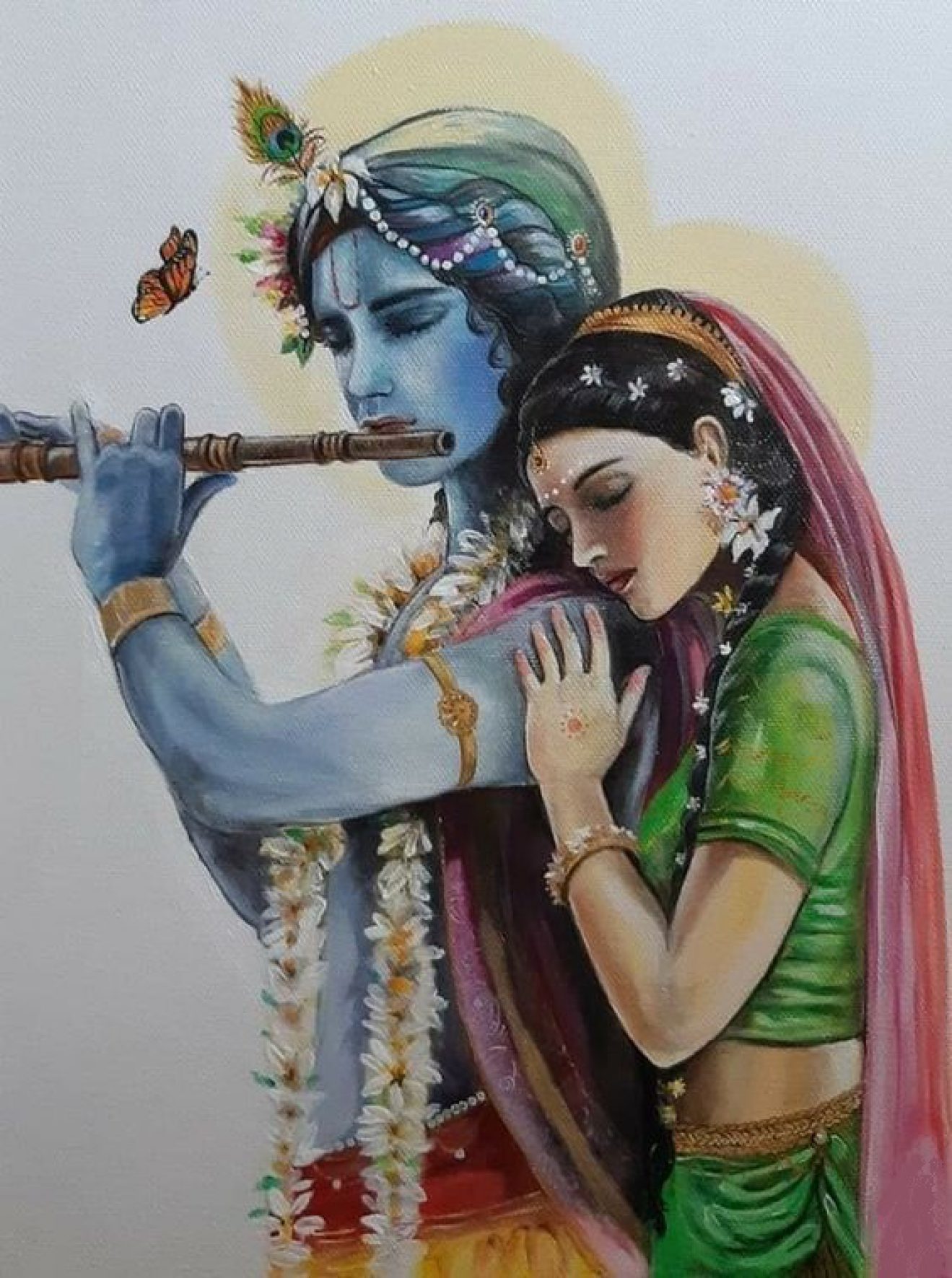 Lord Krishna Playing Flute With Radha Hand Painted Painting