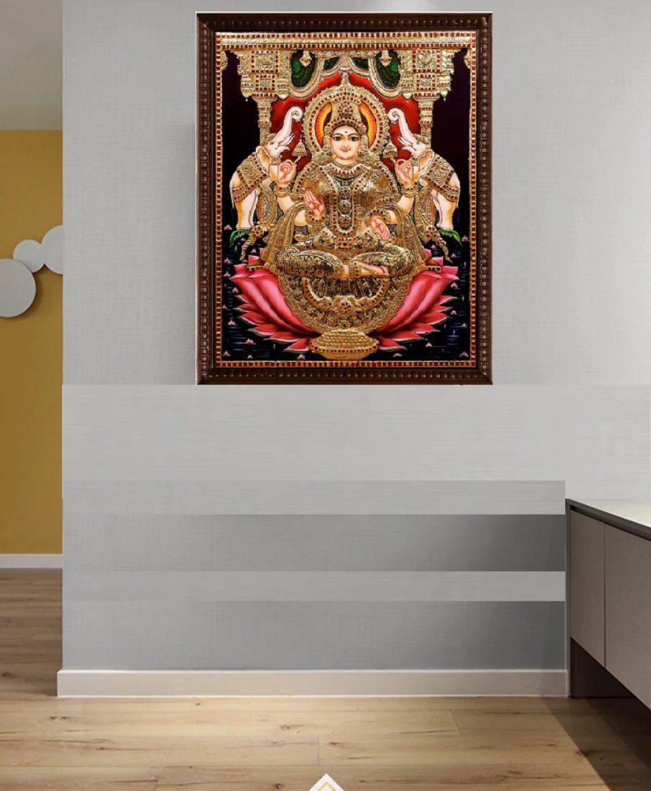 GAJA LAKSHMI ANTIQUE FINISH SEMI EMBOSSED TANJORE PAINTING WITH FRAME ...