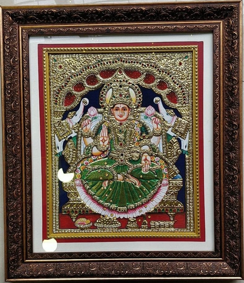 Lakshmi “Goddess of Wealth” Tanjore Painting with Frame (Green) - SoulSpaze