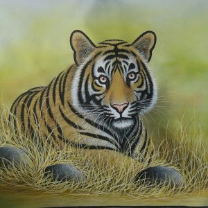 Tiger Miniature Art Forest Handpainted on cloth with natural colours (Without Frame)