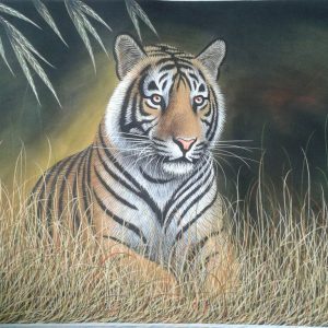 Tiger Miniature Painting Forest Handpainted on cloth with natural colours (Without Frame)