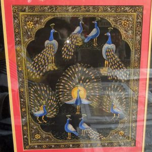 A Peacock Family Painting on Silk cloth with Real Gold Foil traditional Mewar Rajasthan Painting (With Frame)