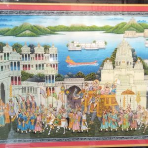 Palace painting work on cloth silk with natural color with miniature work is traditional Mewar Rajasthan painting (With Frame)