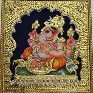 Gold Ganesh Tanjore Art Painting With Frame