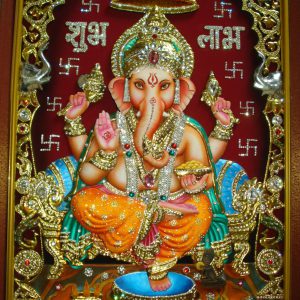 Red Ganesha Tanjore Art Painting with Frame