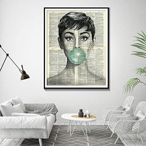 Audrey Hepburn Blue Bubble Gum Posters And Prints on Canvas Black And White Wall Art Canvas Painting Without Frame
