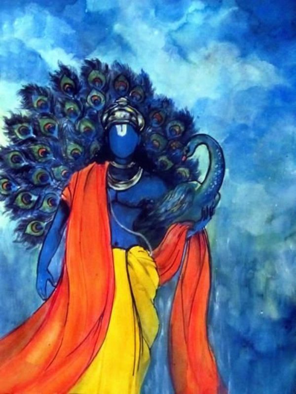 Krishna With Peacock Handpainted Painting on Canvas (Without Frame)