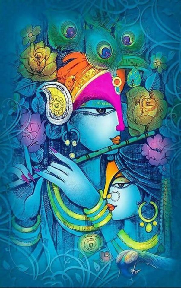 Radha Krishna Idol Modern Handpainted Painting on Canvas (Without Frame)