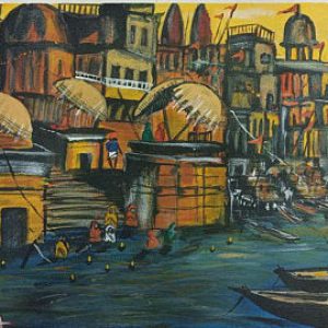 Banaras Ghat River Painting Handpainted On Canvas Stretched On Hardboard (38cm X 28cm)