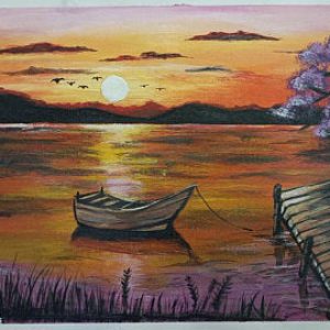 Setting Sun River Painting Handpainted On Canvas Stretched On Hardboard (38cm X 28cm)