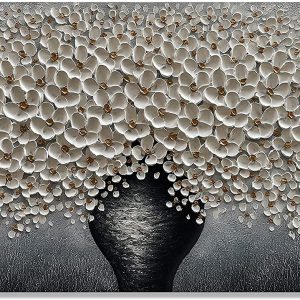Hand-Painted 3D Modern Vase Painting Black White Flower Blooming Floral Oil Painting (Without Frame)