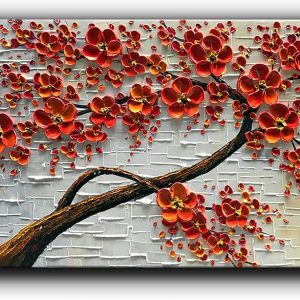 Hand-Painted 3D Oil Painting Texture Palette Red Flowers Tree Oil Paintings On Canvas (Without Frame)