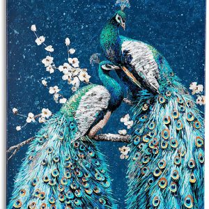 Hand-Painted Peacock Canvas Painting Phoenix with Vertical Without Frame
