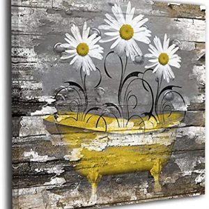 Hand-Painted Vintage Daisy Painting Flower in Yellow Bathtub Oil Painting On Canvas Without Frame