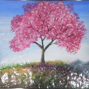 Handmade Tree Canvas Painting Stretched On Hardboard 26cm X 30cm