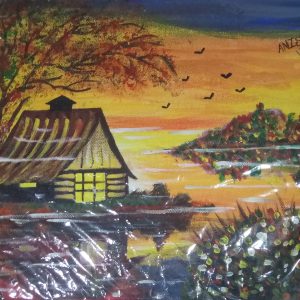 Tree And Small Home Painting Handpainted Painting on Canvas Stretched On Hardboard 26cm X 30cm