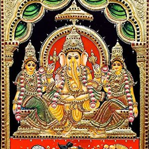Ganesha And Riddhi Siddhi Semi Embossed Tanjore Painting With Frame