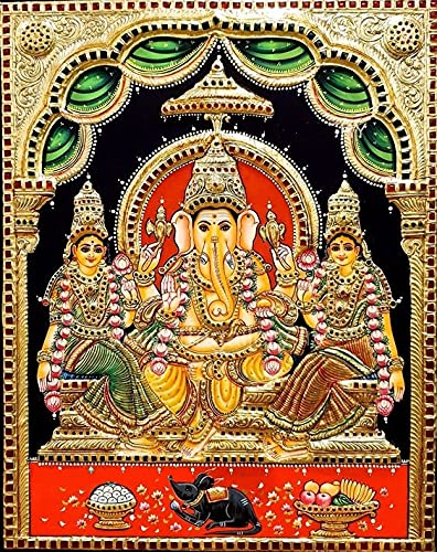 Ganesha And Riddhi Siddhi Semi Embossed Tanjore