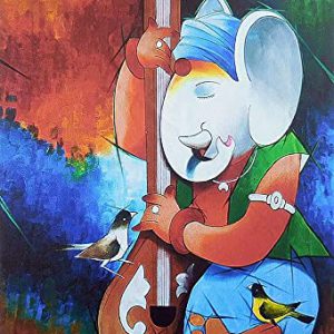 Ganesha Music Instruments Painting Handpainted on Canvas (Without Frame)