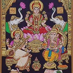 Lakshmi Saraswati and Ganesha Tanjore Painting A With Frame