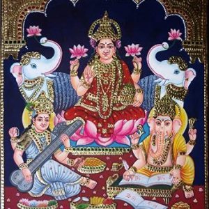 Lakshmi Saraswati and Ganesha Tanjore Painting With Frame