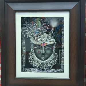 3D Krishna Silver Traditional Tanjore Painting With Frame