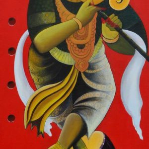 Ganesha Playing Flute Hand-Painted Painting On Canvas No Frame