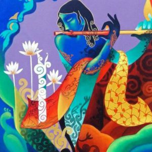 Hand-Painted Krishna Flute Painting On Canvas No Frame