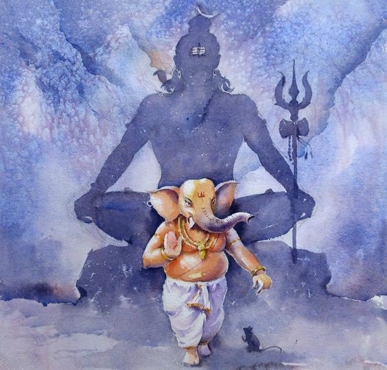 Lord Shiva And Ganesha Hand Painted Painting