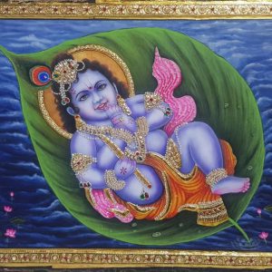 Krishna Leaf Green Tanjore Painting with Frame