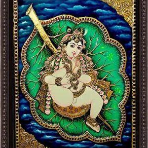 Krishna Leaf Green Tanjore Painting With Frame