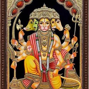 Yellow Panchamugha Hanuman Tanjore Painting With Frame