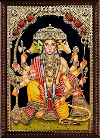 Panchamugha Hanuman Yellow Tanjore