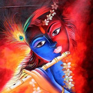 Krishna Playing Flute Hand-Painted Painting On Canvas E No Frame
