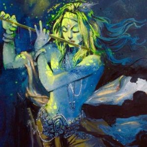 Krishna Playing Flute Hand-Painted Painting On Canvas G (Without Frame)