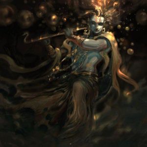 Krishna Playing Flute Hand-Painted Painting On Canvas H (Without Frame)