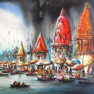 Banaras Ghat Hand-Painted Painting On Canvas (Without Frame)