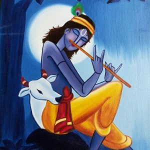 Krishna Playing Flute Cow Hand-Painted Painting Masterpiece