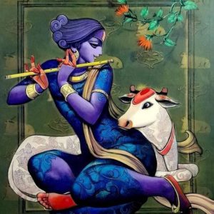 Krishna Flute Cow Hand-Painted Painting On Canvas Unframed