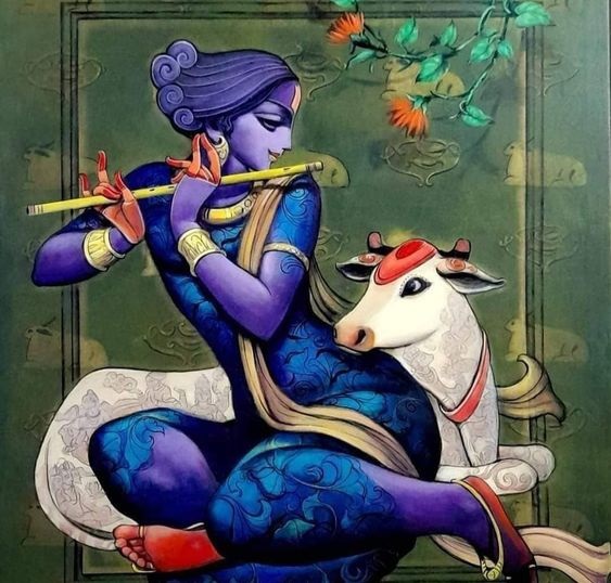 Krishna Playing Flute With A Cow A Hand Painted Painting On Canvas (Without  Frame) – SoulSpaze