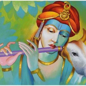 Krishna Flute Cow Hand-Painted Painting On Canvas Unframed