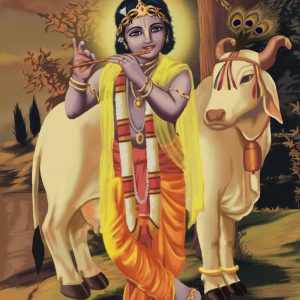Krishna With Cow Hand-Painted Painting On Canvas Unframed