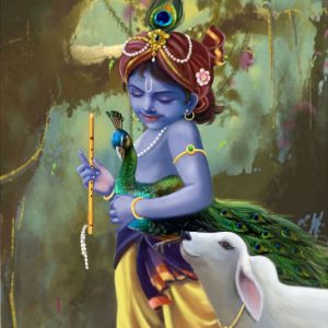 Krishna Peacock Cow Hand-Painted Painting On Canvas Unframed