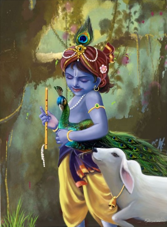 Krishna With Peacock And Cow Hand Painted