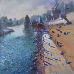 Shiva In Haridwar Hand-Painted Painting On Canvas Unframed