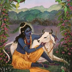 krishna Loves Animals Hand-Painted Painting On Canvas (Without Frame)