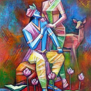 Divine Love Radha Krishna with Deer Hand-Painted Painting