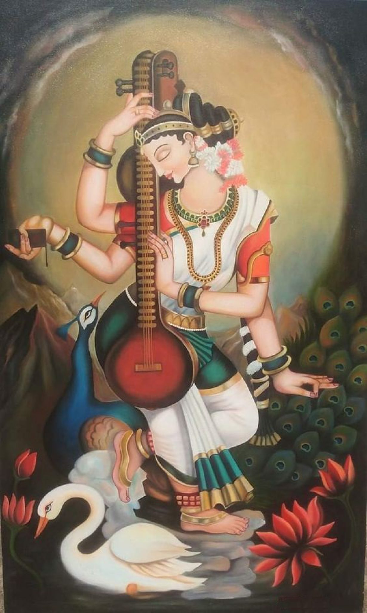 Goddess Saraswati Hand Painted Painting On Canvas (Without Frame ...