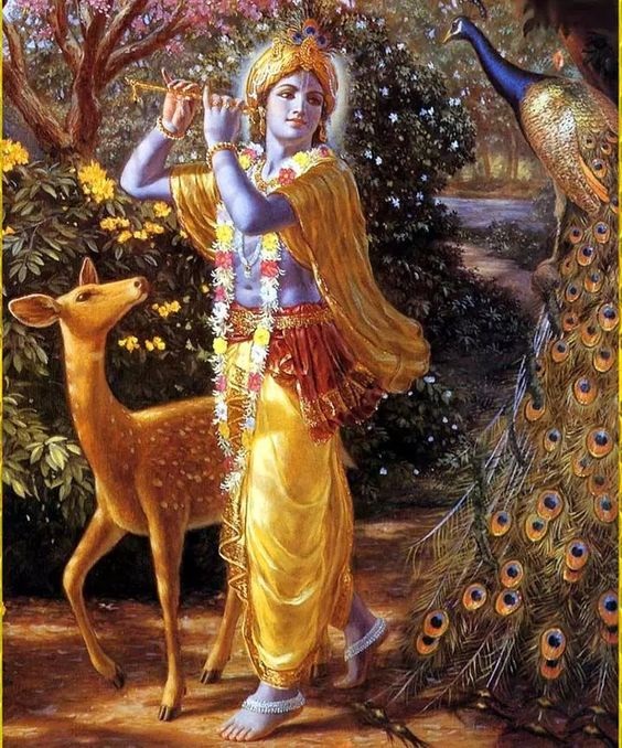 Krishna With Peacock And Deer