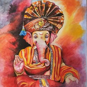 Lord Ganesha Hand Painted Painting On Canvas H (Without Frame)
